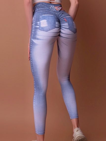 Colanți sport din denim cu efect modelator și talie înaltă