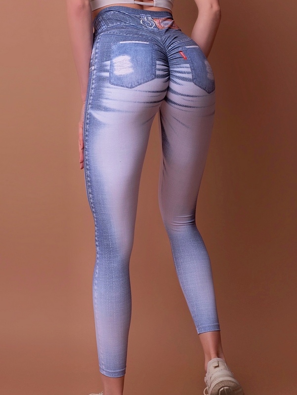 Дамски спортен клин имитация на дънки с висока талия Спортен дънков клин с оформящ ефект и висока талия