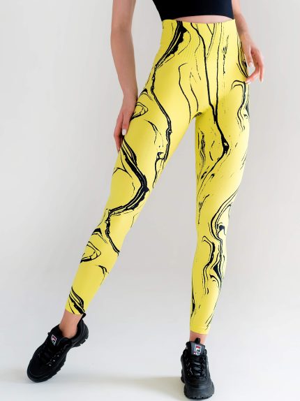 Colanți spectaculoși de fitness cu talie înaltă de culoare galbenă