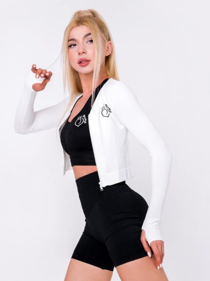bluză albă din țesătură rips și fermoar dublu